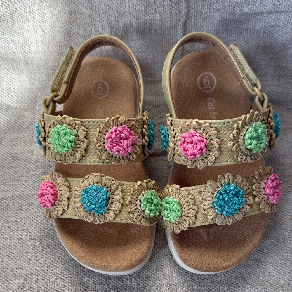 Cat & Jack Kids' Tan Sandals with Pink, Green, and Blue Accents Sz 6
